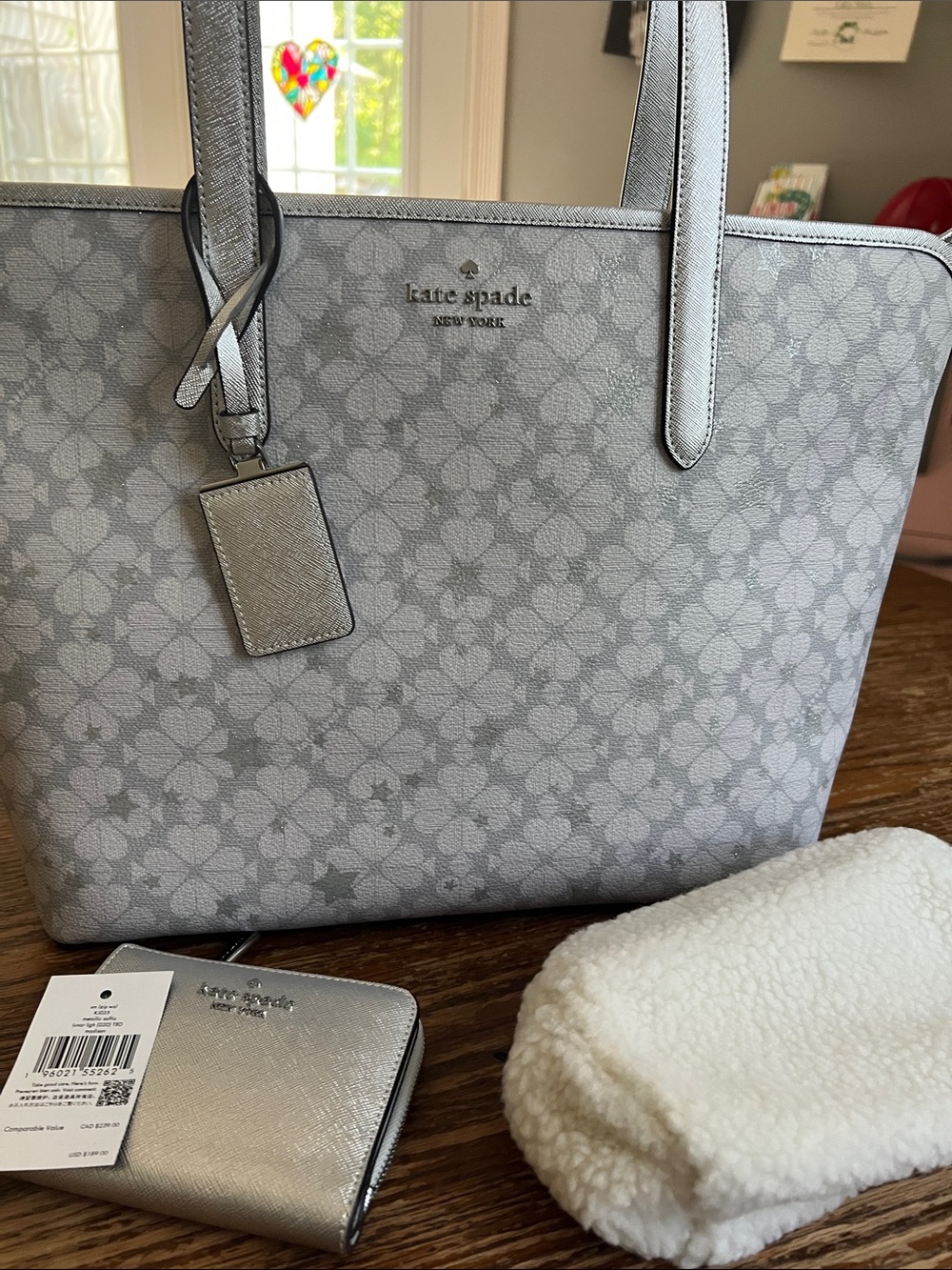 kate spade silver star spade-print tote with matching silver wallet